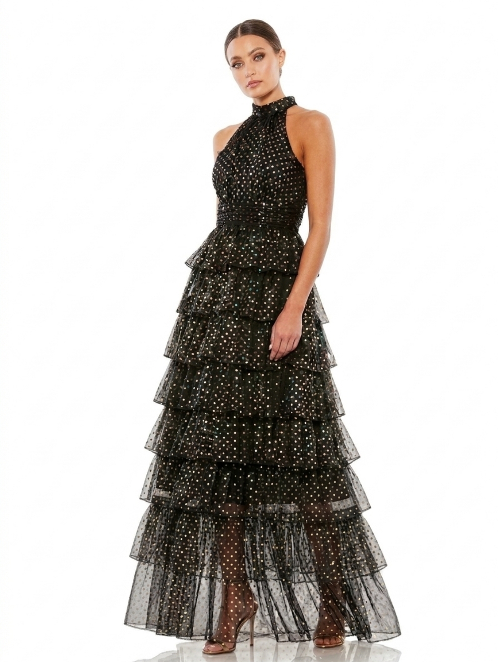 SHEIN Black High Neck Floor Length Tulle Tiered Maxi Dress with Gold Polka Dots